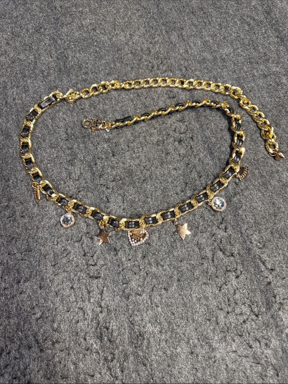 Juicy Couture Gold Tone Chain Belt with Black Weave and Charm Accents